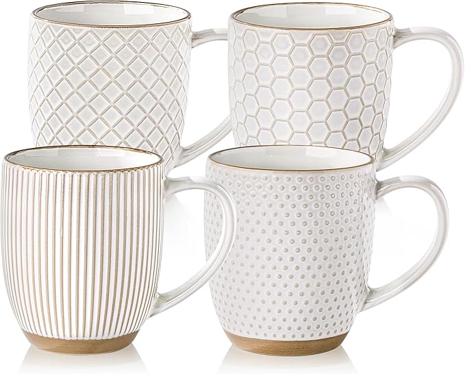 GBhome Large Coffee Mugs Set of 4, 16oz Handmade Embossed Coffee Mugs Set with Large Handle for Cappuccino/Latte/Tea/Hot Cocoa, Dishwasher & Microwave Safe, Off White