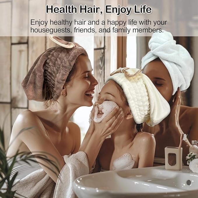 Jseng Microfiber Hair Towel Caps, 3 Packs, Fast Drying, Cute Bowtie Design, Cream, Khaki, Pink, Women & Girls Aged 14 And Above