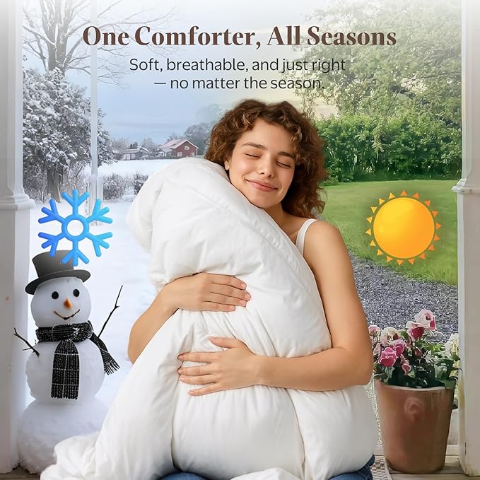 Goose Feather Down Fiber Comforter Queen Size - 100% Organic Cotton Shell All Season Duvet Insert, Medium Warmth Hotel Luxury Bedding Comforter(90x90 Inch, White)