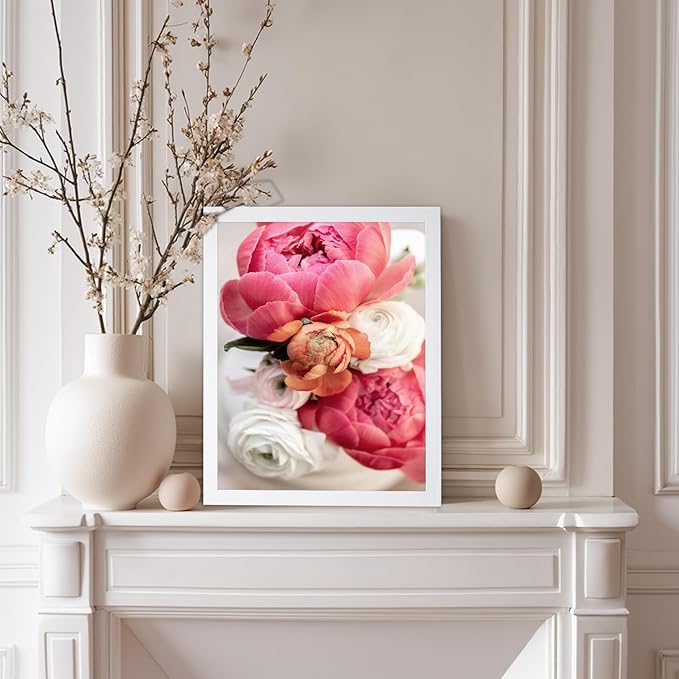 Monem Art Pink Peony Floral Macro Photography Print - Romantic Flower Art Poster - Wall Decor for Living Room, Bedroom or Office - 12x16 White Framed Wall Art by Mareike Bohmer