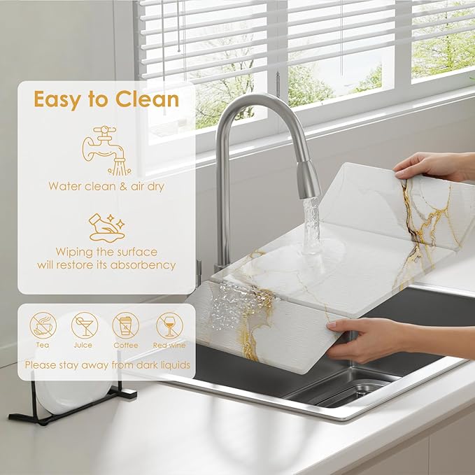 3 PCS Large Stone Dish Drying Mat for Kitchen Counter -24"x16" Absorbent Diatomaceous Earth Mat with Stone Faucet Mat & Soap Tray - Quick Dry, Collapsible, Non-Slip Countertop Organizer