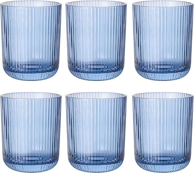 Blue Ribbed Drinking Glasses Set of 6,8.5oz Vintage Highball Tumblers,Colored Glassware for Water, Juice,Coffee,Cocktails,Blue Glass Cups,Housewarming & Christmas Gift