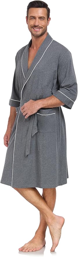 COLORFULLEAF 100% Cotton Men’s Summer Bathrobe Lightweight & Breathable Short Sleeve Kimono Robe with Pockets