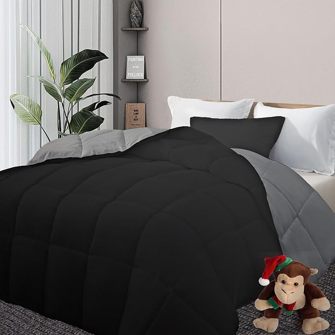 DOWNCOOL Comforter California King Size, Reversible Duvet Insert,Black/Grey All Season Blanket, Lightweight Quilt, Down Alternative Hotel Comforter with Corner Tabs (Black/Gray, 104x96 Inches)