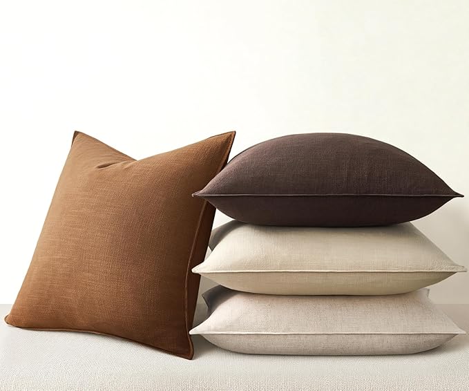 Solid Linen Neutral Brown Pillow Covers with Flange Design Pack of 4 Decorative Brown Throw Pillow Covers Soft Accent Boho Couch Pillowcases Farmhouse for Living Room Bed Sofa 16x16 Inch