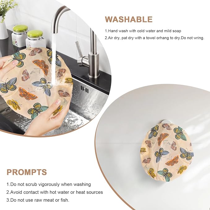 Reusable Bowl Covers for Bread Proofing - Beeswax Bowl Covers Reusable 3 Set, Cotton Blend Stretch Design, Fits 4-13 Inch Bowls, Shower Caps for Sourdough Bread（Butterfly）