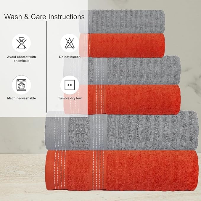 CASA COPENHAGEN Elegance 6Pcs 100% Egyptian Cotton Large Designer Towels Gift Set- Grey Violet-Peach, 550GSM, 2Bath 2Hand 2Washcloths, Bath Towels for Bathroom Set for Women & Men