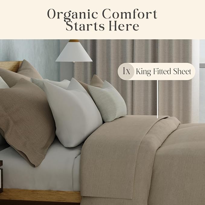 Delilah Home 100% Organic Cotton King Fitted Sheet, GOTS & Vegan.org Verified, Long Stem 300 TC Sateen Bedding, Non-Synthetic, Deep Pocket Fitted Linen, Lightweight, All-Season, 1 Piece Set - Beige