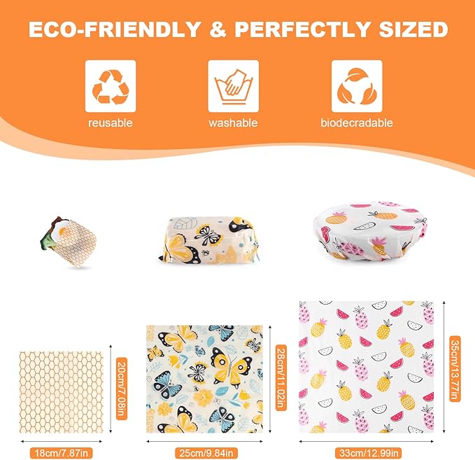 Reusable Beeswax Food Wraps (9 Pack) & Silicone Lids Microwave Splatter Cover (5 Pack), 2-in-1 Kitchen Food Wrap Set – Organic, Heat-Resistant, Eco-Friendly, Plastic-Free Food Storage & Covers