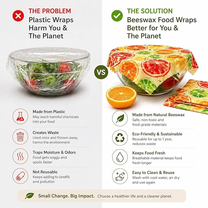 Beeswax Food Wraps – Reusable 3 Pack (Small, Medium, Large) – Eco Friendly Plastic Wrap Alternative – Organic Cotton Food Wrap
