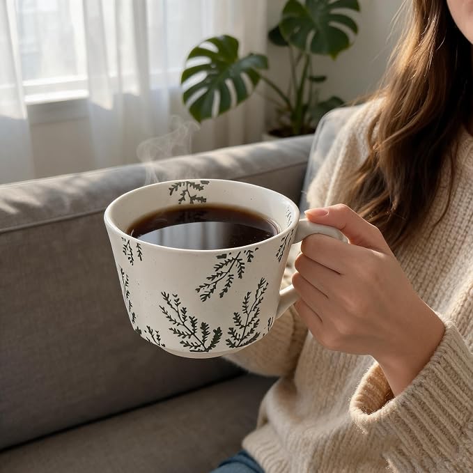 4 Pack Speckled Ceramic Coffee Mugs, 12oz Vintage Green Fern Leaf Large Tea Cups, Rustic Handmade Style Drinking Mugs for Coffee Tea Cocoa Milk, Dishwasher Microwave Safe, Housewarming Gift Set