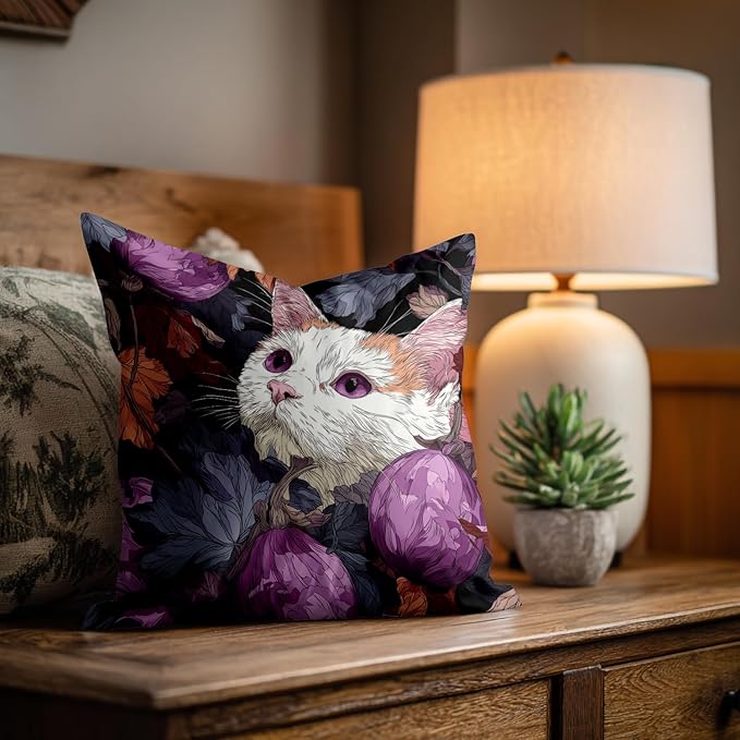 Shrahala Cute Cat Decorative Throw Pillow Cover, Among Purple Fruits Square Pillowcase Blended Double-Sided No Inserts for Bedroom Living Room Set of 2 (24 X 24 in)