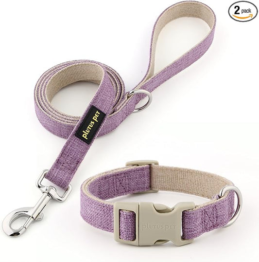 Plutus Pet Cotton Hemp Dog Collar and Leash Set, Adjustable Collar for Small, Medium, and Large Dogs, Heavy Duty and Soft on Skin, Lavender, S