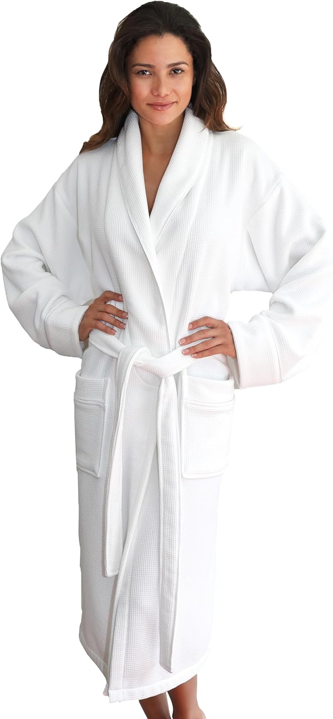 Luxury Turkish Cotton Bathrobe for Women & Men, Waffle Terry Shawl Collar Spa Robe with Satin Trim & Pockets