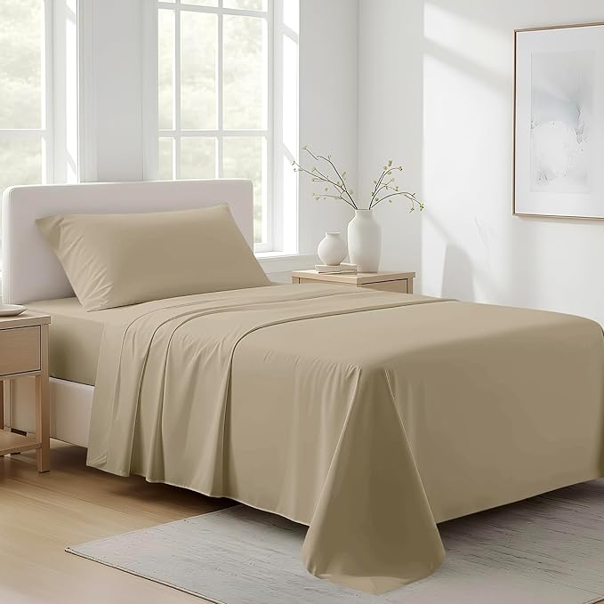 100% Organic Cotton Sheets Twin XL Size - Organic Cotton Twin XL Size Percale Weave Sheet Set (3 PC, Taupe), Soft, Cooling, Crisp & Breathable, 16" Deep Pocket Hotel Bedding Set