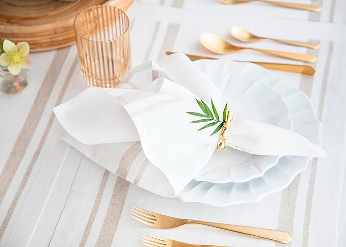 Solino Home Striped Linen Dinner Napkins Set of 4-100% Pure Linen Natural and White Cloth Napkins 20 x 20 Inch for Summer - French Stripe, Handcrafted and Machine Washable