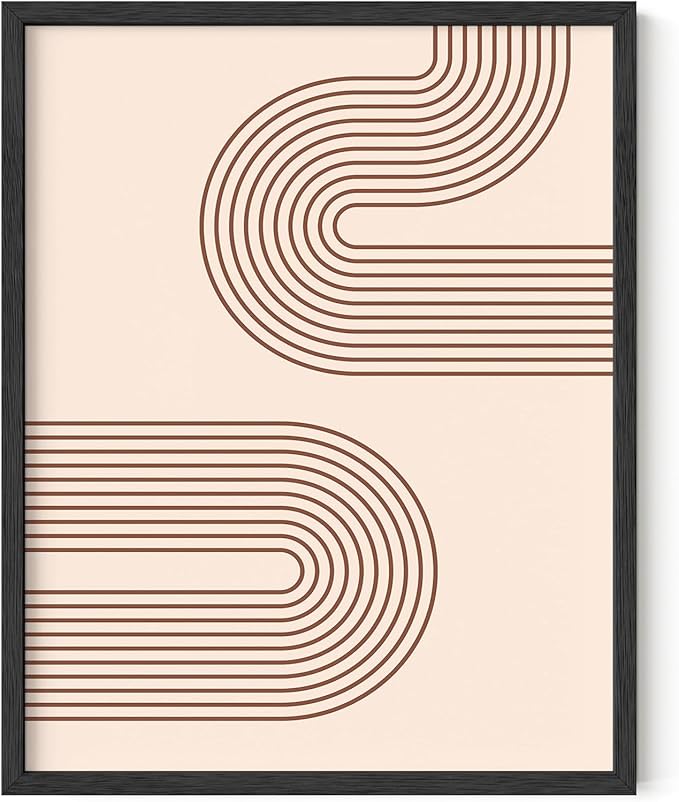 Abstract Double Wavy Arch Wall Art Minimalist S-Shape Lines Earth Tones Terracotta Brown 11x14 Inch Oak Wood Black Framed Boho Geometric Print for Modern Living Room Decor