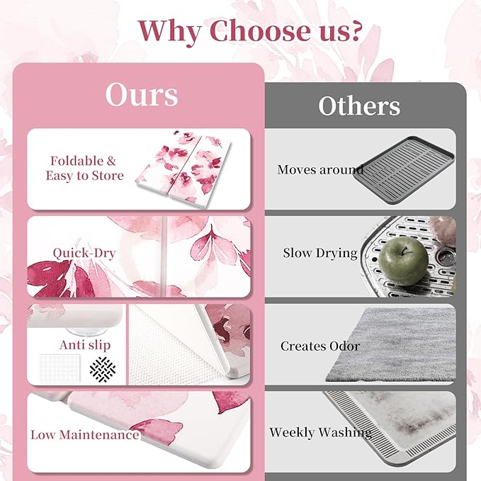 3 PCS Stone Dish Drying Mat for Kitchen Counter, Quick Dry Foldable Stone Dishes Mats, Water Absorbing Diatomaceous Earth Drying Organizer for Dishes Bottles, Cups and Tableware (Pink)