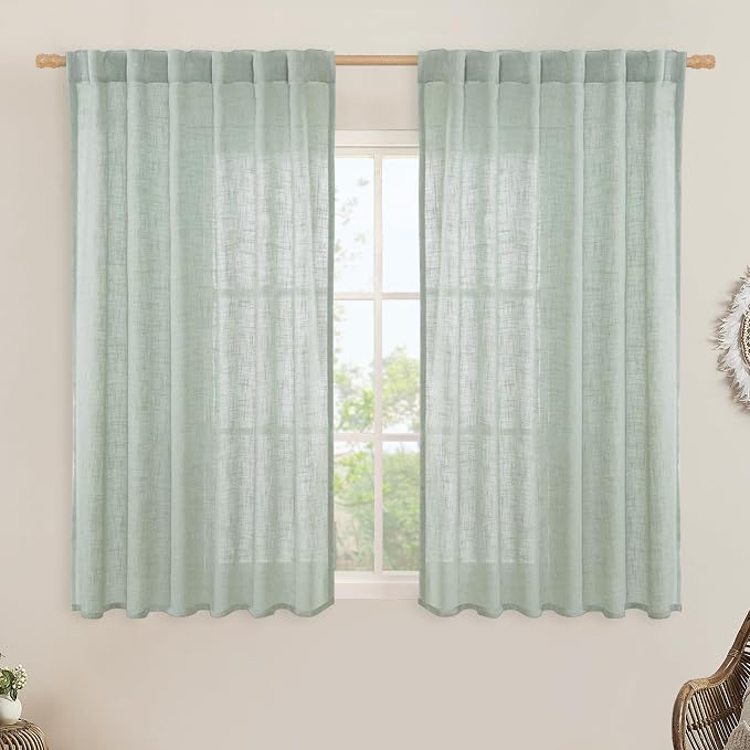 LAMIT Semi Sheer Linen Curtains 54 Inch Length 2 Panels, Light Sage Light Filtering Panels Back Tab and Rod Pocket Neutral Drapes for Kitchen/Window/Dining Room, 52 x 54 Inch