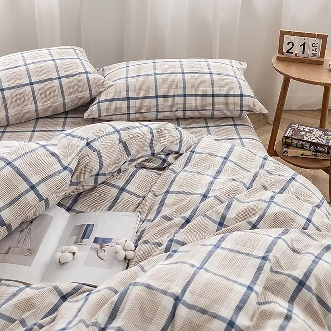 FACE TWO FACE Bedding Duvet Cover Set100% Washed Cotton Duvet Cover Linen Like Textured Breathable Durable Soft Comfy(Full, Blue Grid)