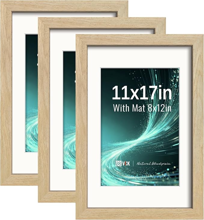 VCK 11x17 Picture Frames Natural - 3 Pack, Wide Border Solid Wood, Tempered Glass, Display 8x12 Photo with Mat or 11 x 17 Without, for Home, Office, Gallery, Woodgrain Series, Wall Hanging