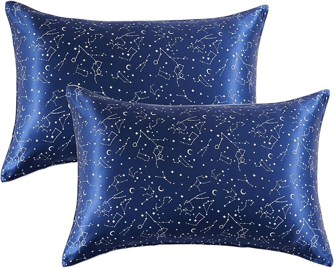 THXSILK Set of 2 Mulberry Silk Pillowcase for Hair and Skin, Mulberry Silk Pillow Case Queen Size 20"x30", Real Silk Pillowcase with Zipper, Anti Aging Acne Free(Navy Blue Constellation Pattern)