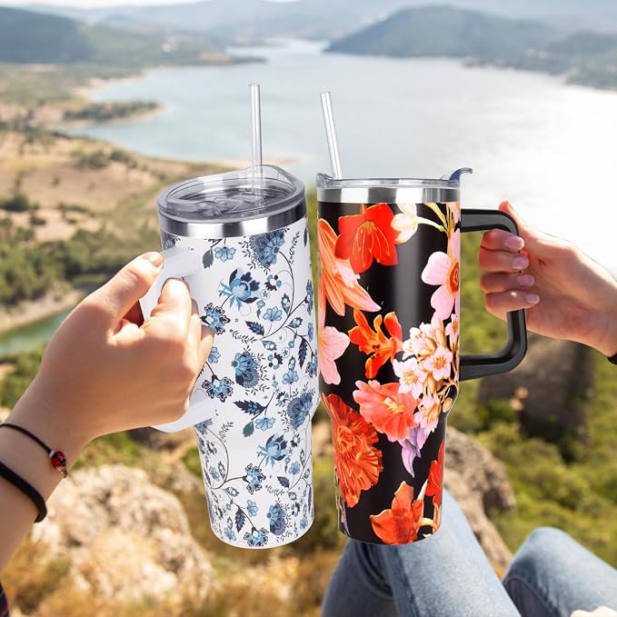 SYACOT 40 oz Tumbler with Handle and Straw Stainless Steel Insulated Tumbler Leak Proof Lid and Straw Lid Reusable Travel Mug Coffee Mug Cup Dishwasher Safe Keep Drinks Cold and Hot (Jasmine)