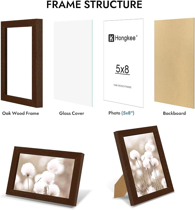 Hongkee 5x8 Oak Wood Picture Frame (1 Pack, Walnut) with Real Glass Cover | 5 x 8 Solid Wood Frame for Wall or Tabletop Display - Includes Easel Back, Vertical Hang - Ideal for Home, Office