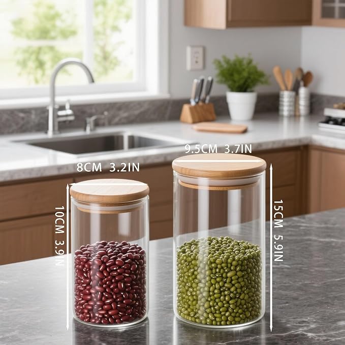 12 Glass Canisters for Food Storage Glass Spice Jars Airtight Bamboo Lids | 36oz [Set of 6] and 17oz [Set of 6] Apothecary Jars, Pantry Organizers and Storage for Overnight Oats, Coffee, Candy, Flour