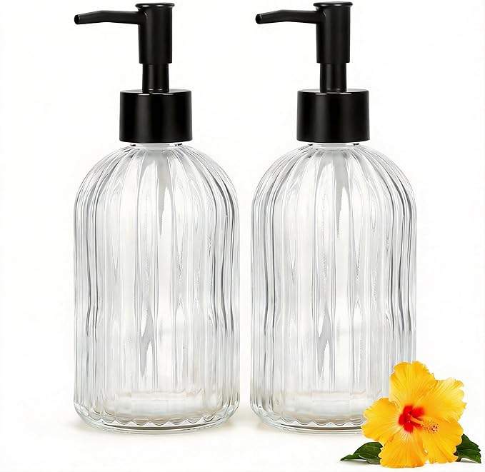 Kitchen Soap Dispenser Set with Wood Tray, Glass Soap Dispenser with Plastic Pump, Hand and Dish Set for Bathroom Decor (Clear)