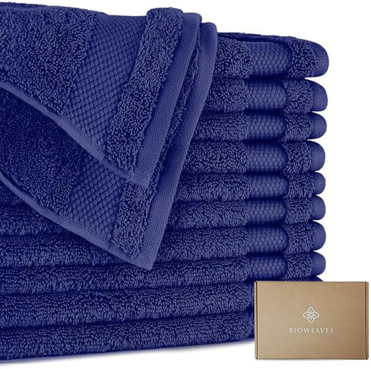 BIOWEAVES 100% Organic Cotton 700 GSM Plush Premium Washcloths 13" x 13" GOTS Certified, Face Towels Perfect for Home & Bathroom - Navy Blue, Pack of 12