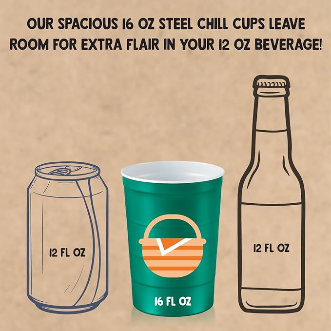 Steel Chill Cups 16 oz. Party Cup Summer BBQ Grill Picnic Design for Cold Drinks, Sturdy, Durable, Disposable, Recyclable, Made in USA, Green 12 Count