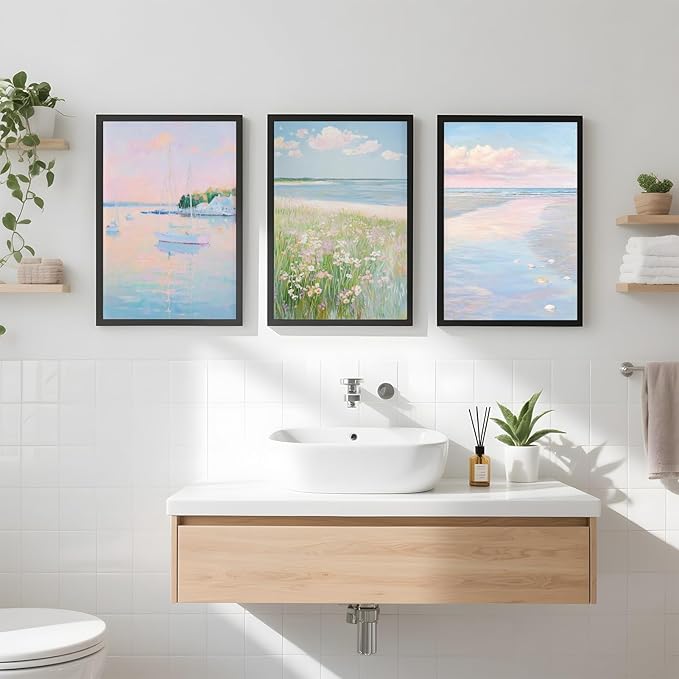 Coastal Pink Wall Art Set of 3 Maximalist Ocean & Beach Landscape Canvas Poster Trendy Sailboats Flowers Sunset Painting Pastel Picture Prints for Bedroom Home Decor 12x18inch Black Framed