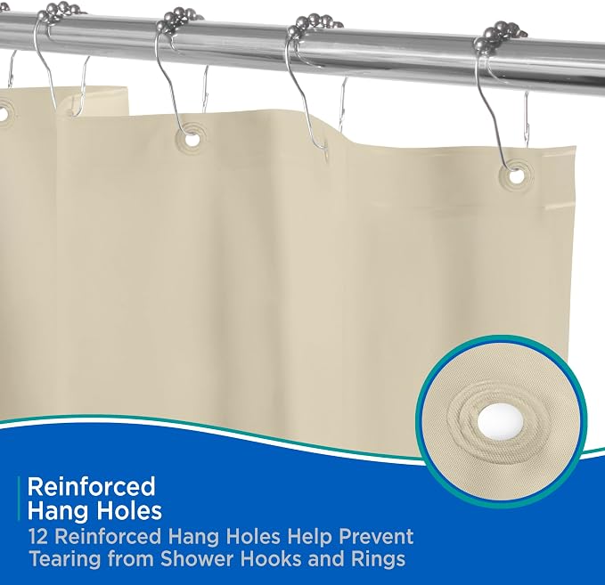 Kenney KN61436 Lightweight 3 Gauge Waterproof PEVA Shower Curtain Liner with Durable Eyelet Hang Holes and Weighted Magnetic Hem for Bathroom, 70" W x 72" H, Taupe, 1-Pack