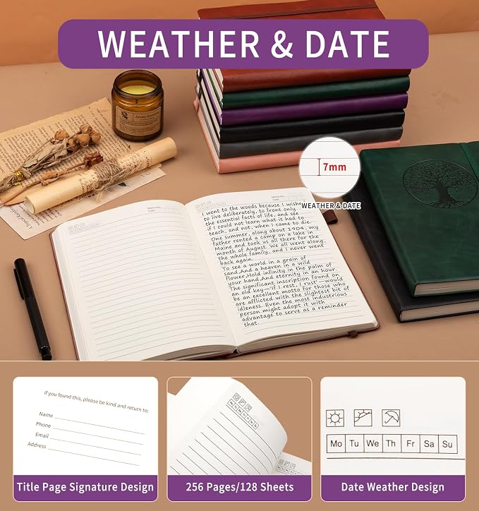 Lined Journal Notebook, A5 Leather Vintage Journals for Writing, 256 Pages College Ruled Notepad for Women Men, Vegan Leather Daily Notebook for Work, School, Travel, Note Taking(Tree of Life, Purple)