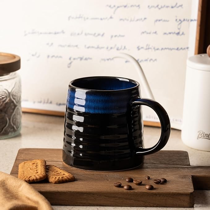 15.5 Oz Large Reactive Glaze Ceramic Mug, Heavy Weighted Stoneware Coffee Cup, Wide Base, Thick Wall Big Tea Cup with Custom Package Box, Microwave & Dishwasher Safe (Blue-Black)