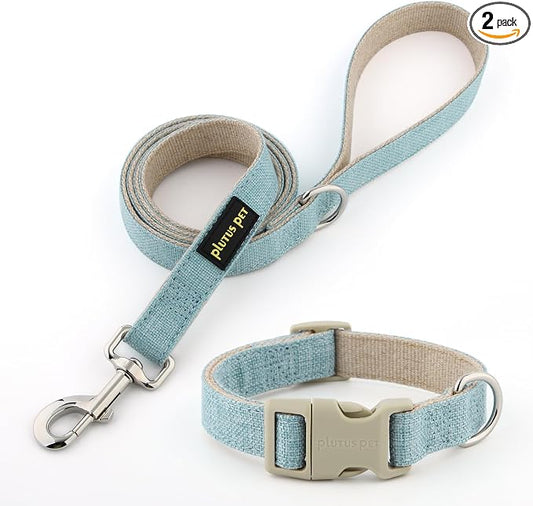 Plutus Pet Cotton Hemp Dog Collar and Leash Set, Adjustable Collar for Small, Medium, and Large Dogs, Heavy Duty and Soft on Skin, Light Blue, XS
