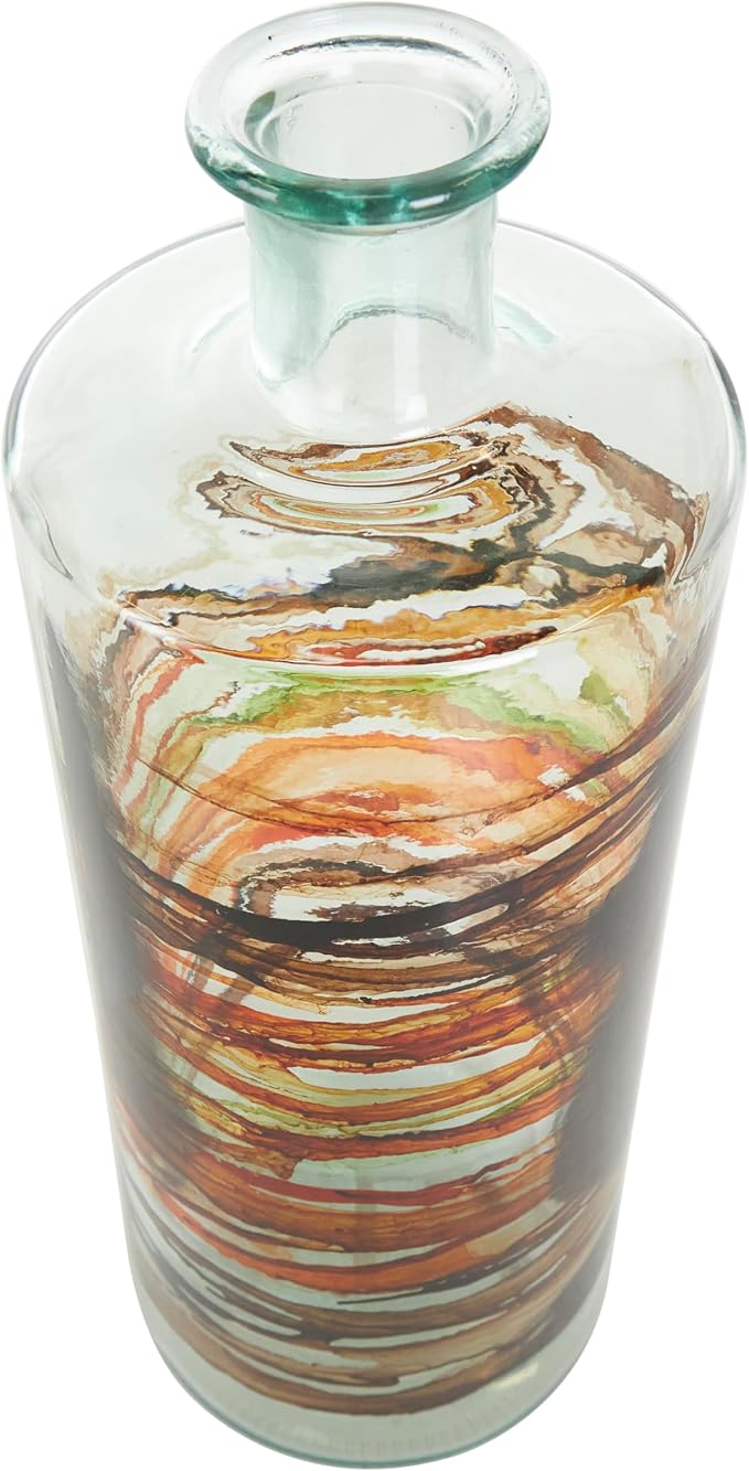 Deco 79 Recycled Glass Decorative Vase Abstract Spanish Bottle Centerpiece Vase with Swirled Colored Glass Bands, Flower Vase for Home Decoration 6" x 6" x 16", Clear