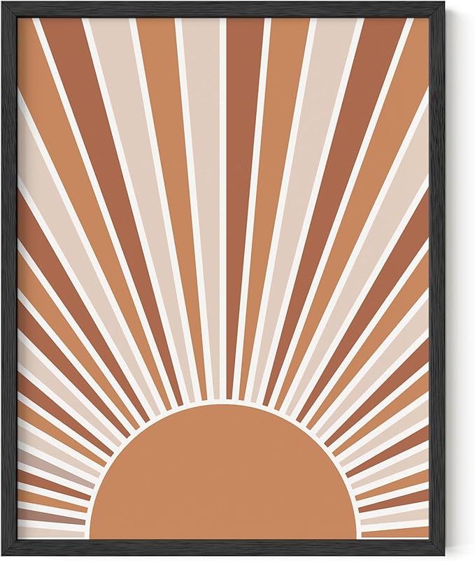 Boho Rising Sun Wall Art Sunburst Rays Earth Tones Terracotta Mid Century Modern 11x14 Inch Oak Wood Black Framed Minimalist Landscape Sunshine Print for Nursery Decor