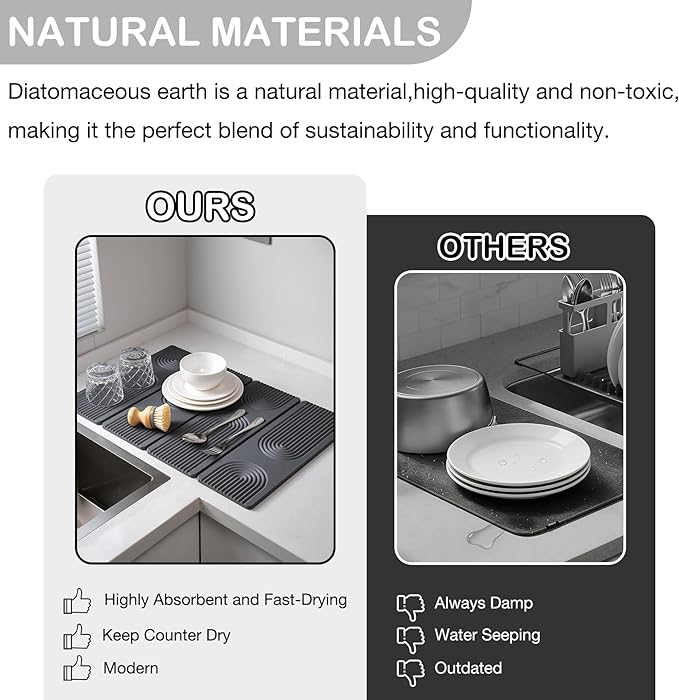 23.6"×15.7" Diatomaceous Earth Stone Dish Drying Mat, Foldable Super Absorbent Quick Dry Non-Slip Eco-Friendly Pad for Kitchen Counter, Dishes, Cups, Bottles & Utensils, Dark Gray