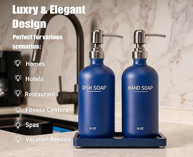 Navy Blue Soap Dispenser Set, Glass Soap Dispenser with Stainless Steel Pump & Tray, Farmhouse Hand Soap Dispenser & Dish Soap Dispenser for Bathroom Kitchen Sink(2 Blue)