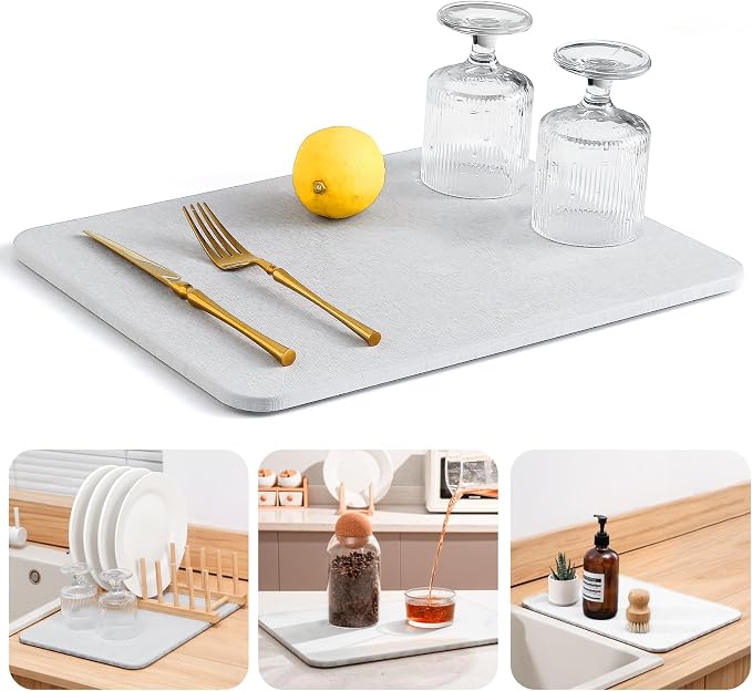 Super Absorbent Stone Drying Mat for Kitchen Counter, Fast-Drying Diatomaceous Earth Dish Drying Mats, Versatile Stone Drying Tray for Cups Dishes Bottles, Warm Light Gray
