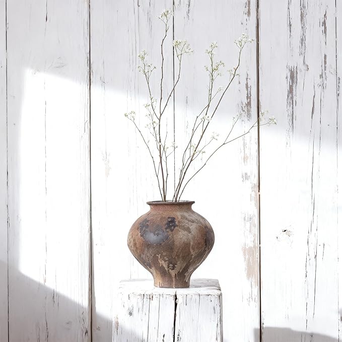 Wabi Sabi Vase 11in, Rustic Ceramic Vase Large, Brown Ceramic Vase, Rustic Vases for Decor Table Centerpiece, Farmhouse Pottery Vases for Home Decor, Vintage Farmhouse Vase