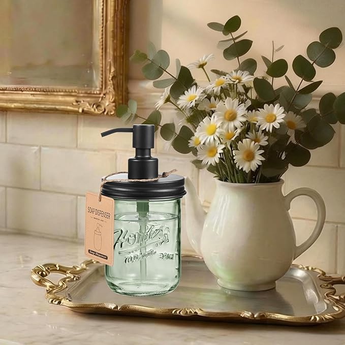 SheeChung 16Oz Mason Jar Green Glass Soap Dispenser, Stainless Steel Pump, Refillable Dish soap Dispenser for Kitchen, Bathroom Hand Soap Dispenser for Lotion, Liquid, Farmhouse Decor (Black, 1 Pack)