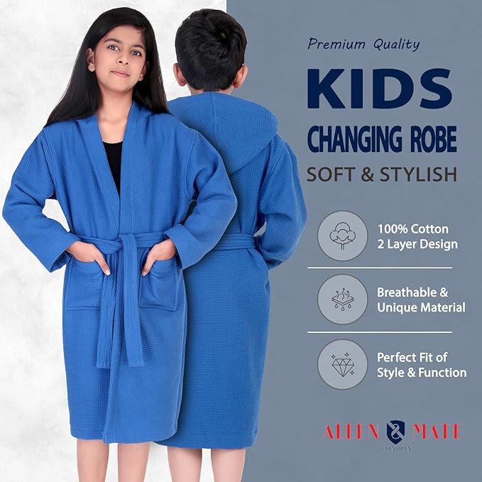 ALLEN & MATE 100% Cotton Waffle Terry Towel Hooded Kids Bathrobe – Soft Absorbent Medium Weight Swim Robe for Boys & Girls