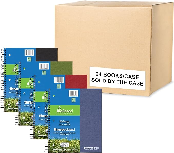 Roaring Spring Environotes Recycled Spiral Notebook, 3 Subject, 24 Pack, 11" x 9", 120 Perforated Sheets, 20 lb Bio-Based Paper, College Ruled w/ Margin, Assorted Earthtone Covers, Double Pocket, 2 Dividers, Made in USA