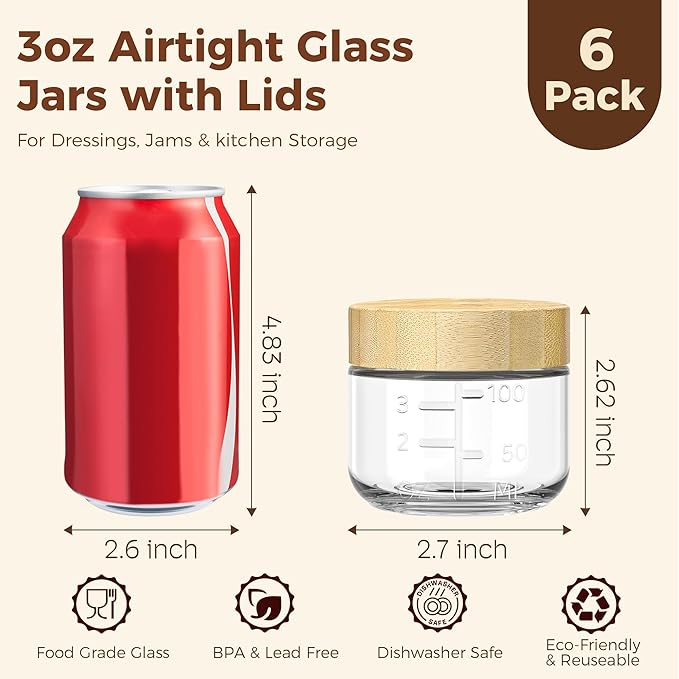 HomArtist 3oz Glass Salad Dressing Containers with Bamboo Lids - 6 Pack Small Airtight Condiment Cups, Mini Sauce Jars for Picnic, Ketchup, Dip & Snacks, Leakproof, BPA-Free & Dishwasher Safe