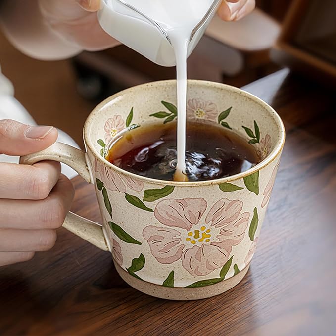 15oz Vintage Floral Ceramic Coffee Mug, Hand-Painted Lead-Free Tea Cup with Comfort Handle, Microwave & Dishwasher Safe for Home Office & Gift for Women (Pink Floral, 15, ounces)