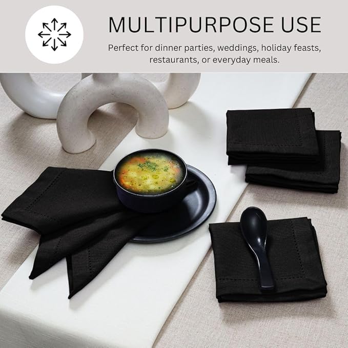 Hemstitch Cloth Dinner Napkins 100% Cotton Set of 6 - for Dining Special Occasions Weddings Parties Holidays Easter - Soft Durable Reusable - 18x18 Inch Table Cloth Napkins Black