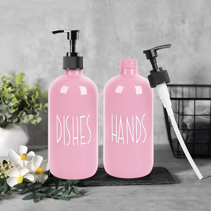 Glass Soap Dispenser with Plastic Pump for Kitchen - 16 OZ Glass Hand Soap Dispenser Set - Kitchen, Bathroom for Decor and Accessories (Pink)